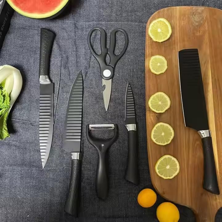 6-Piece Kitchen Knife Set, Non-Stick Coated Wavy-Grained Metal Blades, Non-Slip Ergonomic Handle, Lightweight Rustproof Sharp Chef's Knives for Home Cooking Restaurant Camping