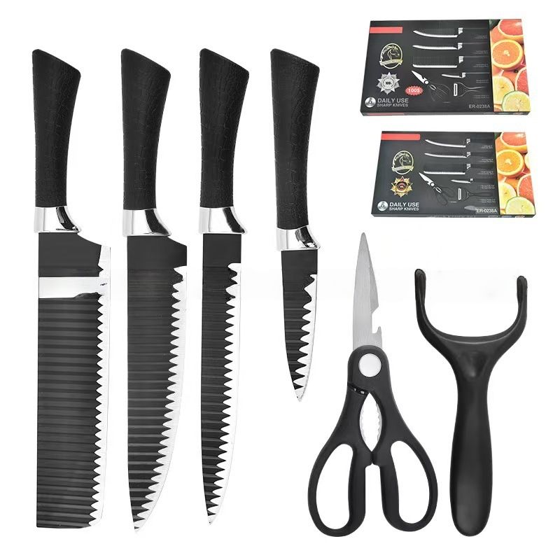 6-Piece Kitchen Knife Set, Non-Stick Coated Wavy-Grained Metal Blades, Non-Slip Ergonomic Handle, Lightweight Rustproof Sharp Chef's Knives for Home Cooking Restaurant Camping