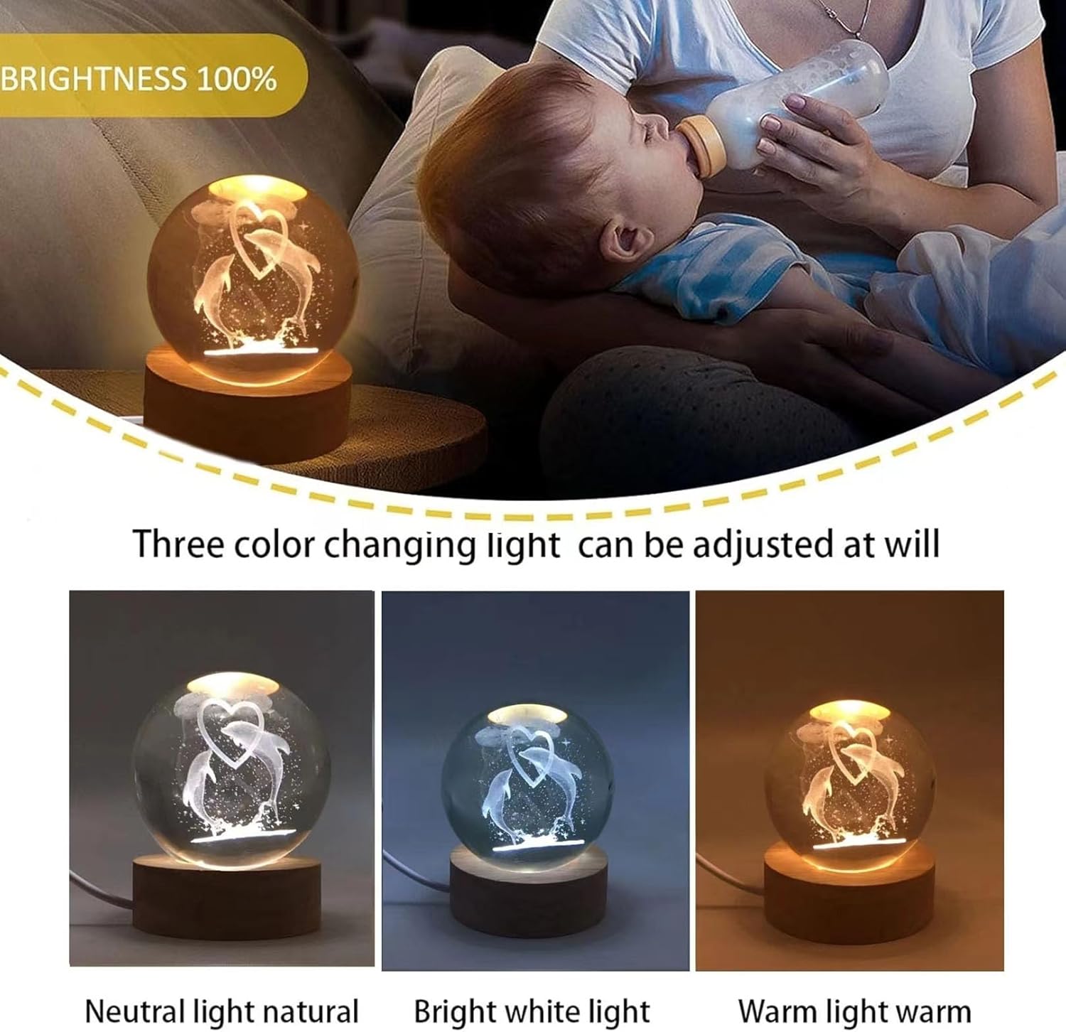 Dolphin Gifts for Women Men 3D Dolphin Crystal Ball with Wooden Light Base Crystal Dolphin Decor Dolphin Gifts for Dolphin Lovers for Christmas Valentine's Day Birthday