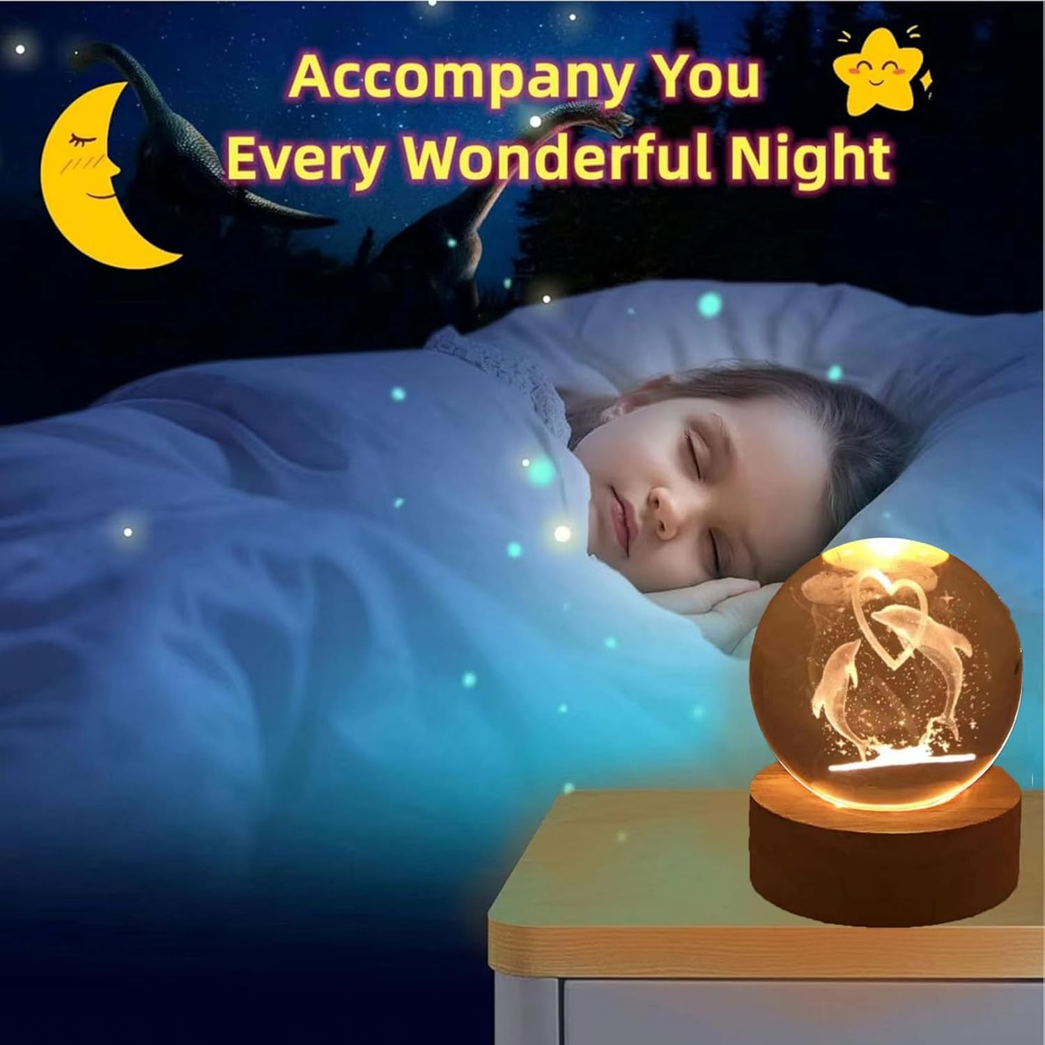 Dolphin Gifts for Women Men 3D Dolphin Crystal Ball with Wooden Light Base Crystal Dolphin Decor Dolphin Gifts for Dolphin Lovers for Christmas Valentine's Day Birthday