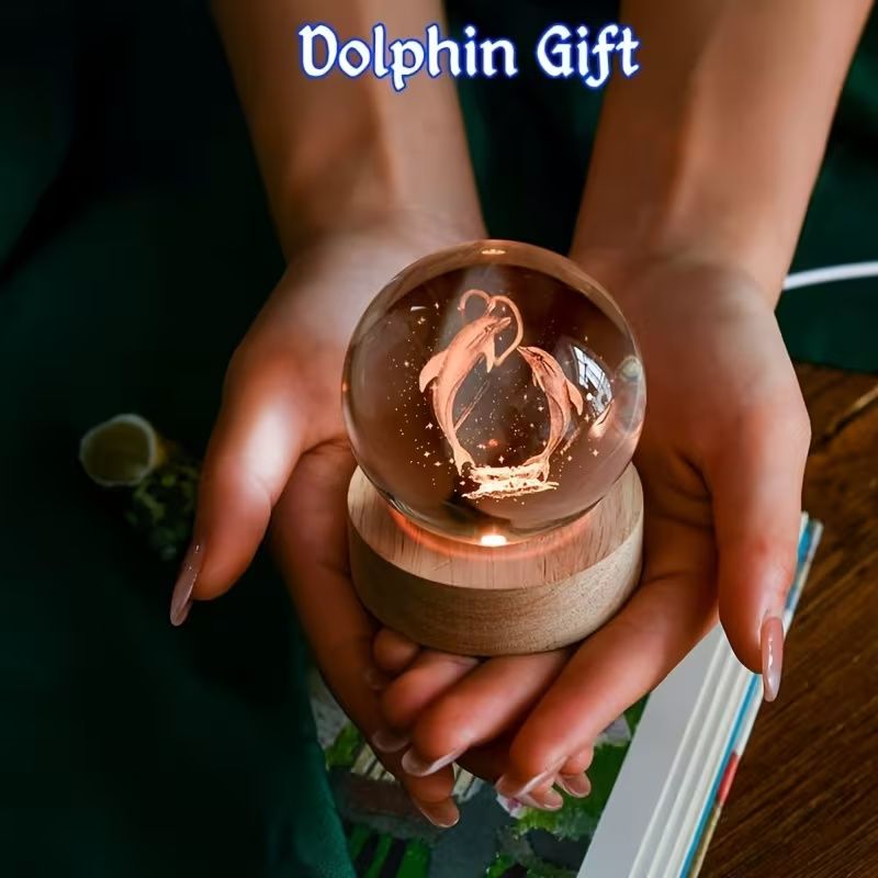 Dolphin Gifts for Women Men 3D Dolphin Crystal Ball with Wooden Light Base Crystal Dolphin Decor Dolphin Gifts for Dolphin Lovers for Christmas Valentine's Day Birthday