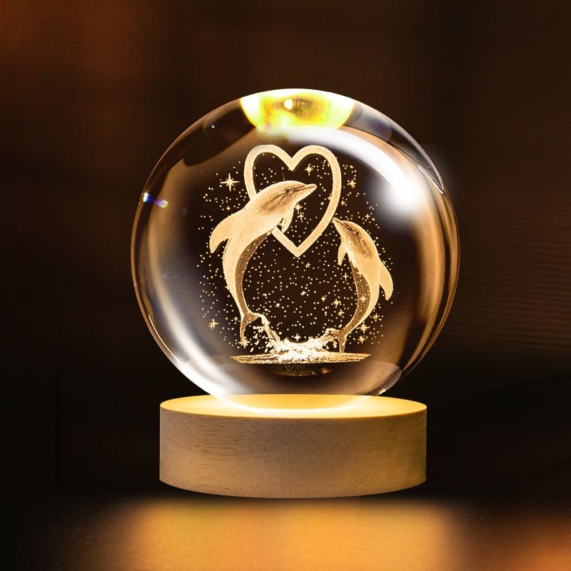 Dolphin Gifts for Women Men 3D Dolphin Crystal Ball with Wooden Light Base Crystal Dolphin Decor Dolphin Gifts for Dolphin Lovers for Christmas Valentine's Day Birthday