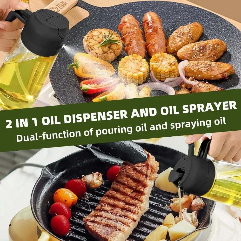 Olive Oil Sprayer Cooking Oil Dispensing Bottle: 2 in 1 Glass Olive Oil Dispenser Bottle, Upgraded Glass Oil Spraying Bottle for Kitchen Air Fryer Salad BBQ Baking
