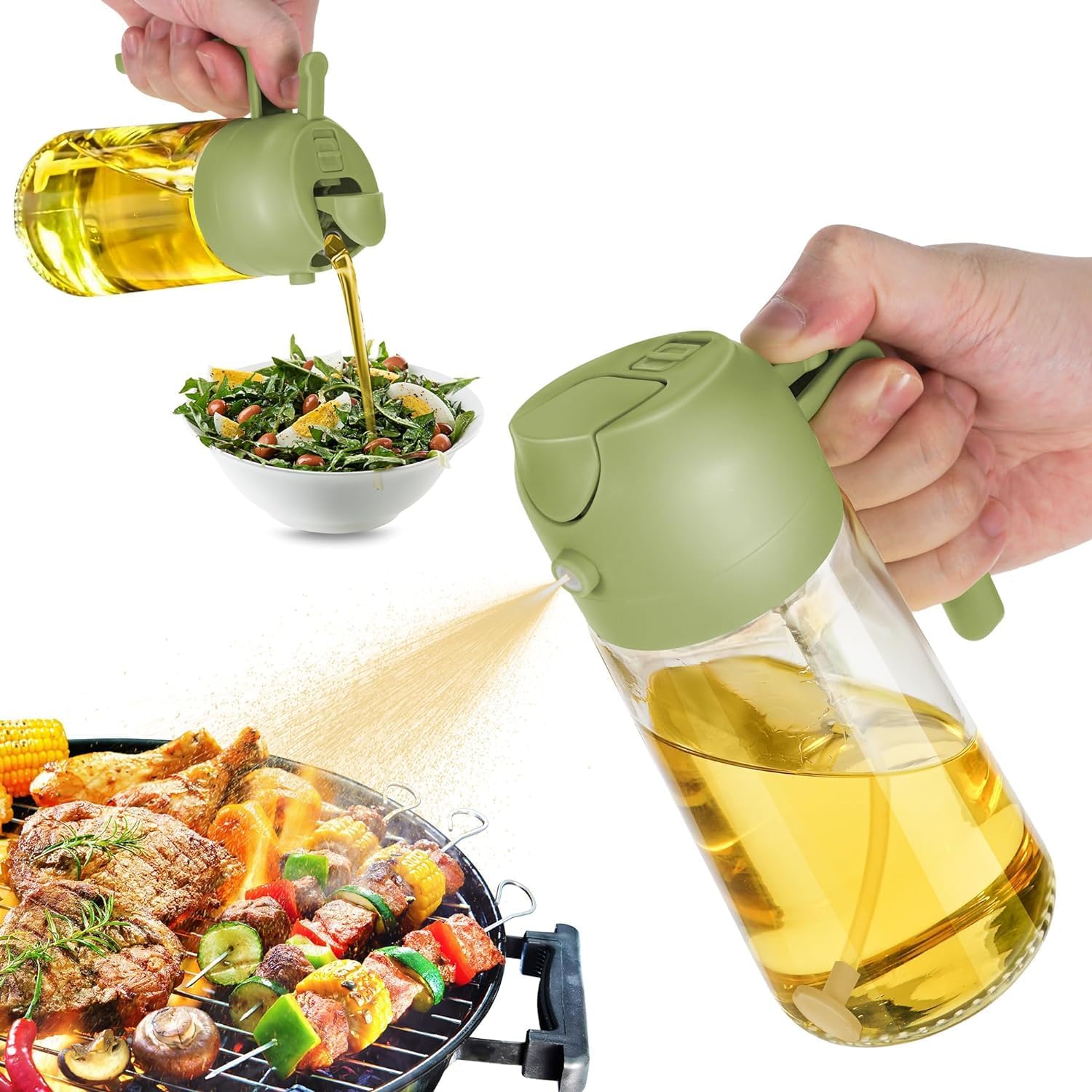 Olive Oil Sprayer Cooking Oil Dispensing Bottle: 2 in 1 Glass Olive Oil Dispenser Bottle, Upgraded Glass Oil Spraying Bottle for Kitchen Air Fryer Salad BBQ Baking