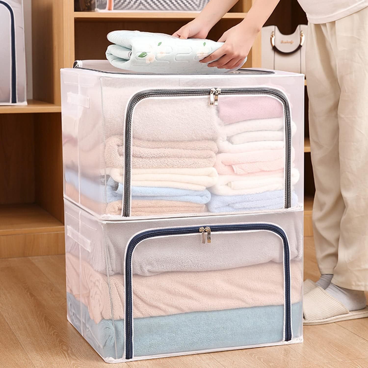 【Final Clearance】24L/66L/ 110L Large Foldable Storage Bins Organizer with Durable Handles, Metal Frame, for Clothing | Bed Sheets | Blanket | Comforters | Pillows | Toys
