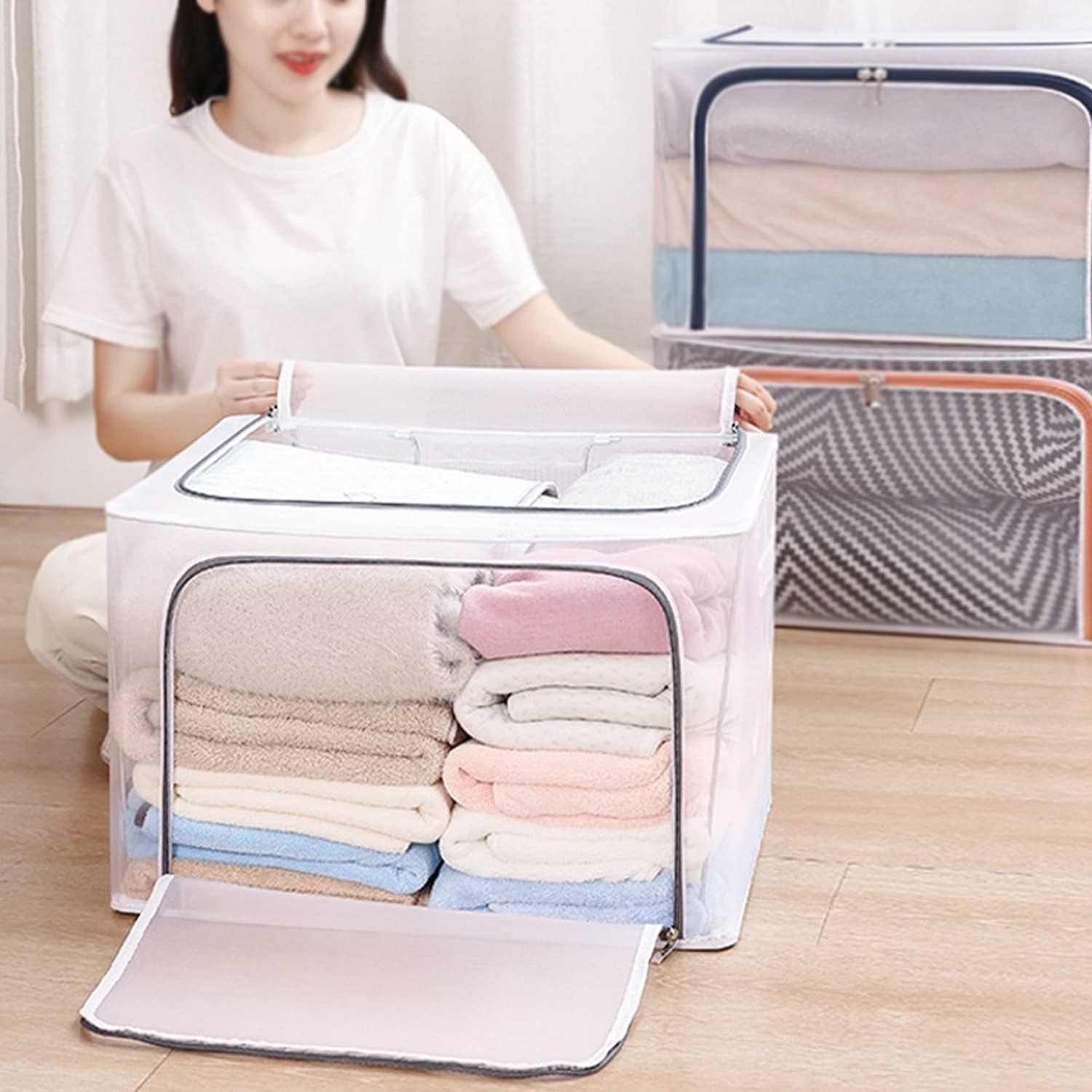 【Final Clearance】24L/66L/ 110L Large Foldable Storage Bins Organizer with Durable Handles, Metal Frame, for Clothing | Bed Sheets | Blanket | Comforters | Pillows | Toys