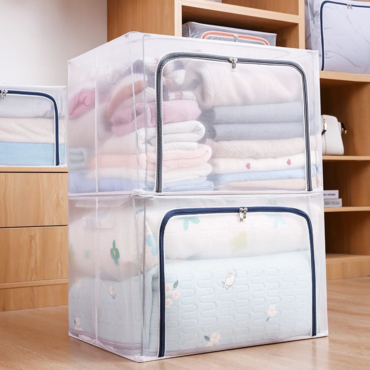 【Final Clearance】24L/66L/ 110L Large Foldable Storage Bins Organizer with Durable Handles, Metal Frame, for Clothing | Bed Sheets | Blanket | Comforters | Pillows | Toys
