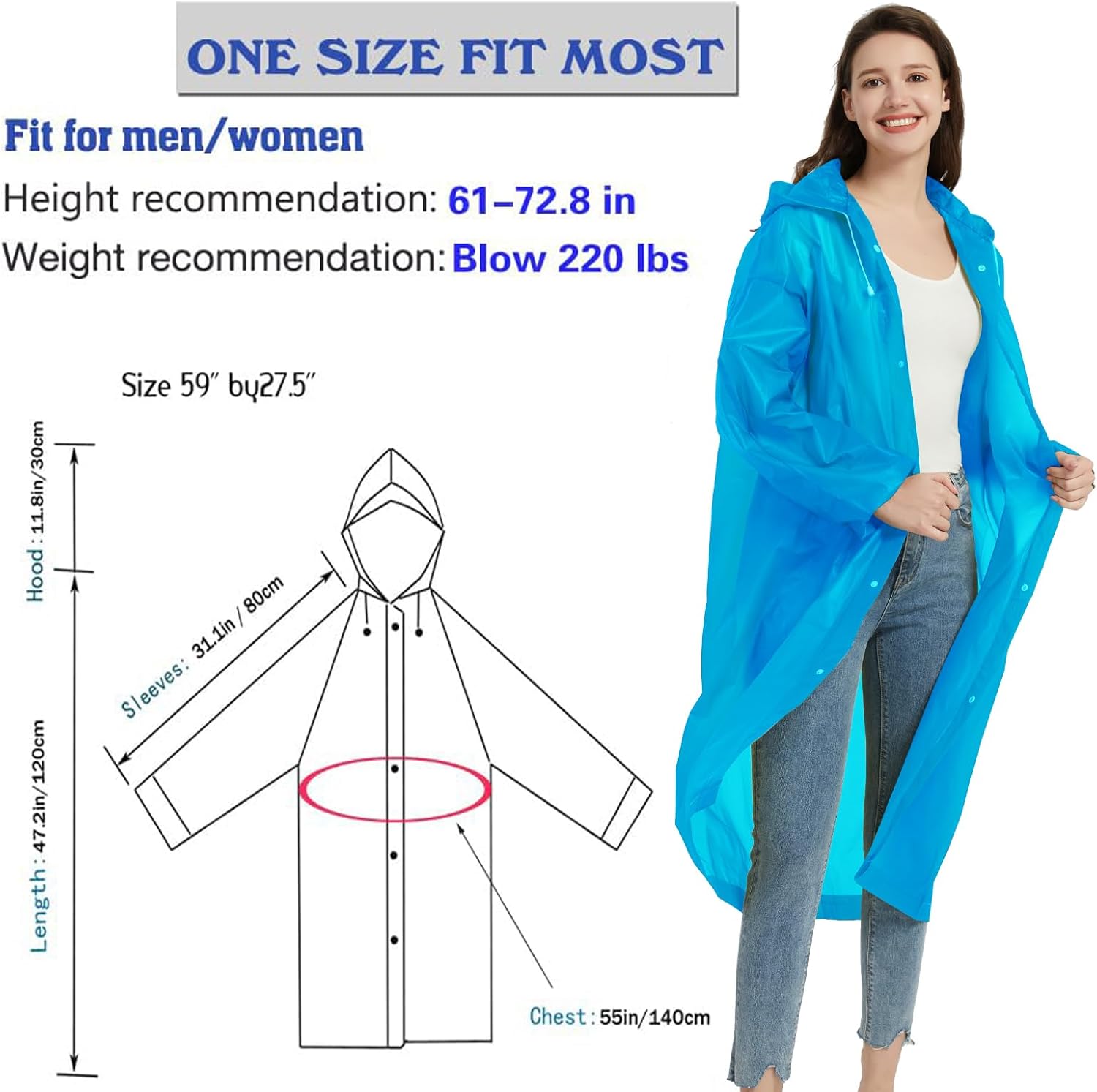 1-Piece Outdoor Sports Adult Raincoat, Windproof Waterproof EVA Thickened Full-Body Coverall Rain Poncho for Travel, Outdoor Cycling, Hiking, Portable Adult Men's Women's Raincoat