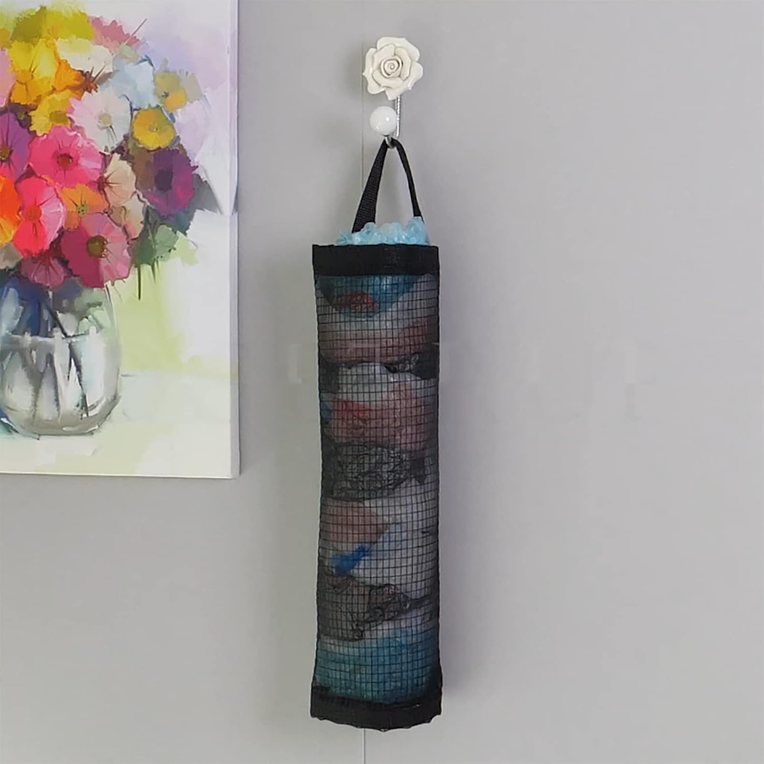Kitchen Hanging Mesh Bag Organizer for Grocery and Garbage Bags - Space-Saving Storage with Durable Mesh