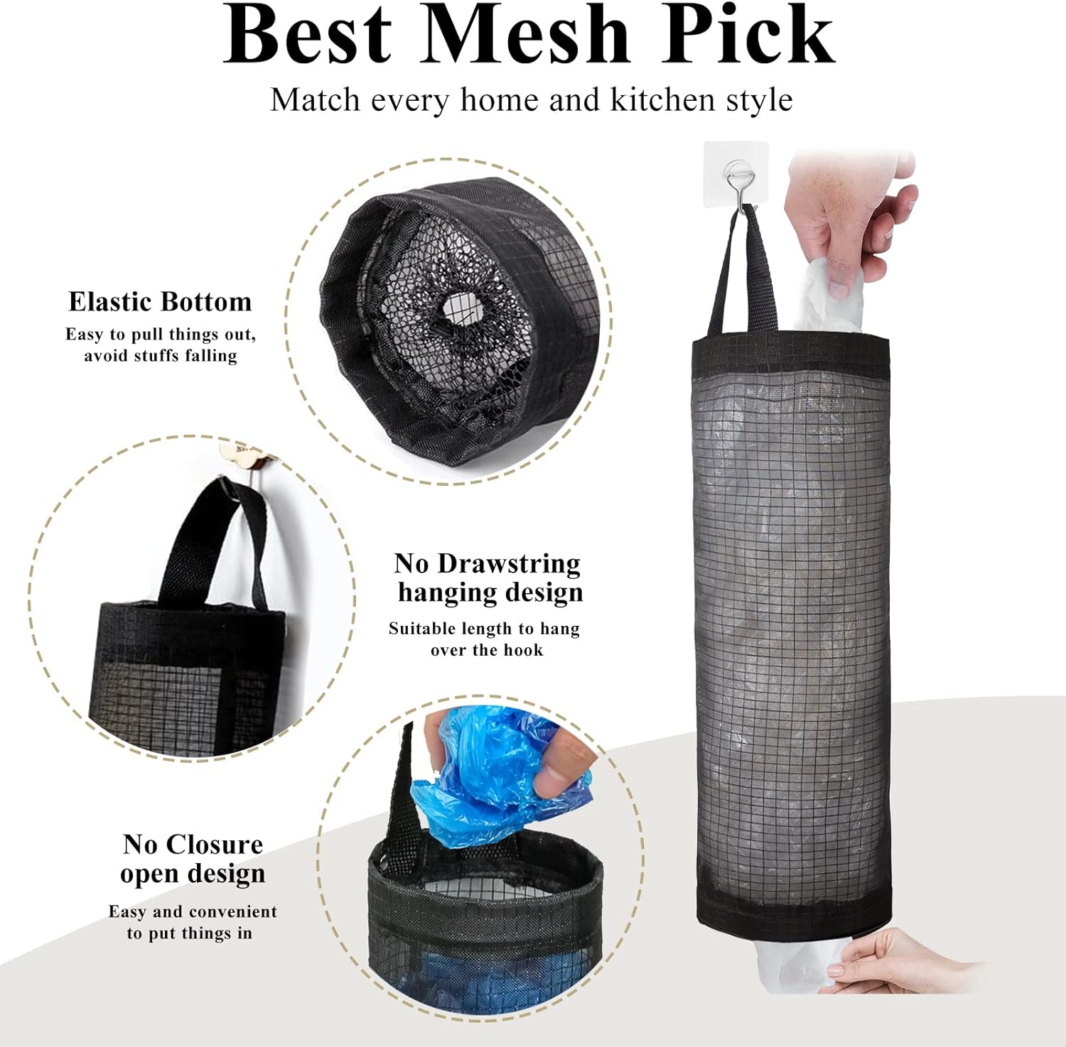 Kitchen Hanging Mesh Bag Organizer for Grocery and Garbage Bags - Space-Saving Storage with Durable Mesh