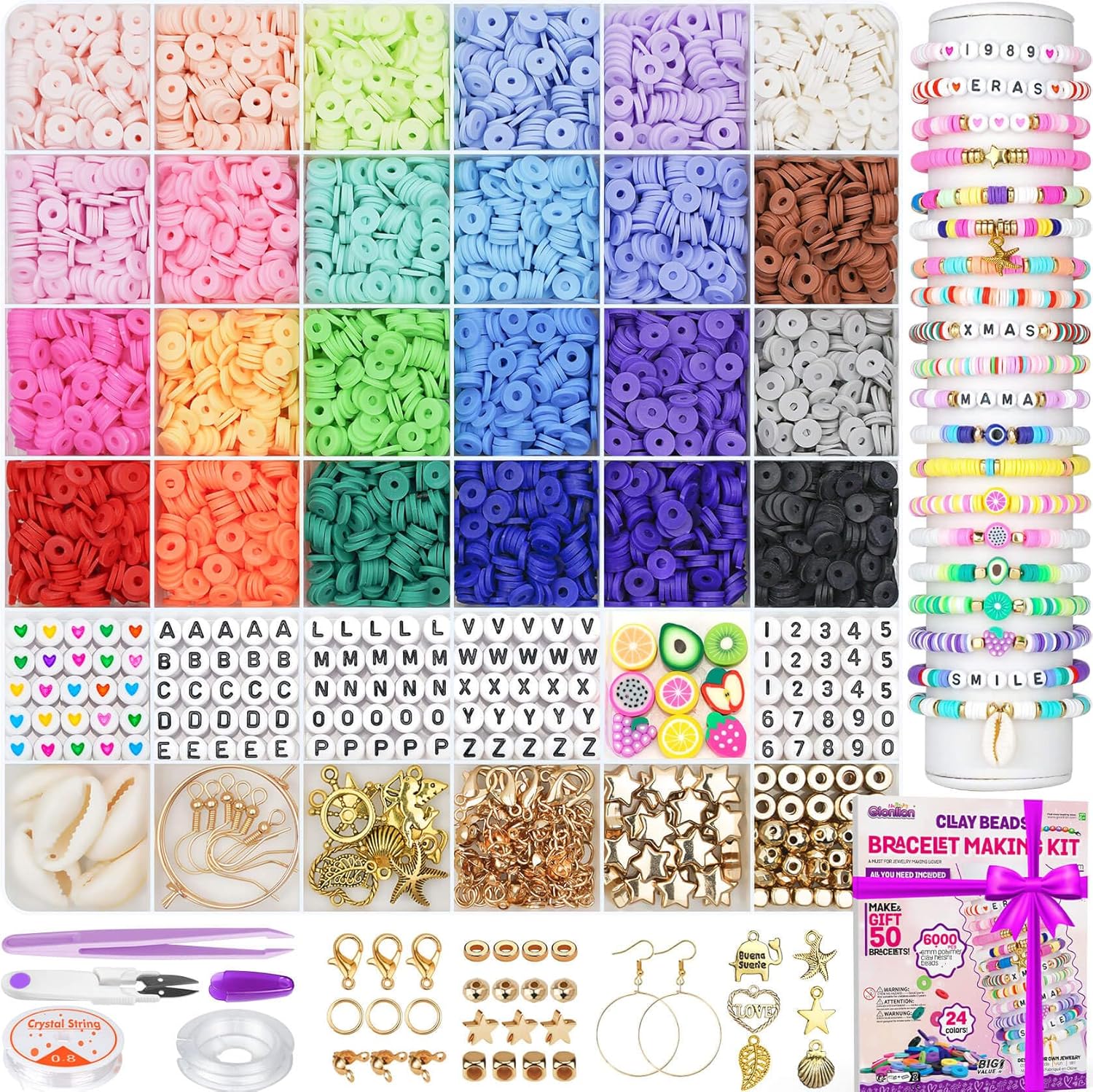6000 Pcs Clay Beads Bracelet Making Kit Flat Preppy Beads for Friendship Jewelry Making Polymer Heishi Beads with Charms Gifts for Teen Girls Crafts for Girls Ages 8-12