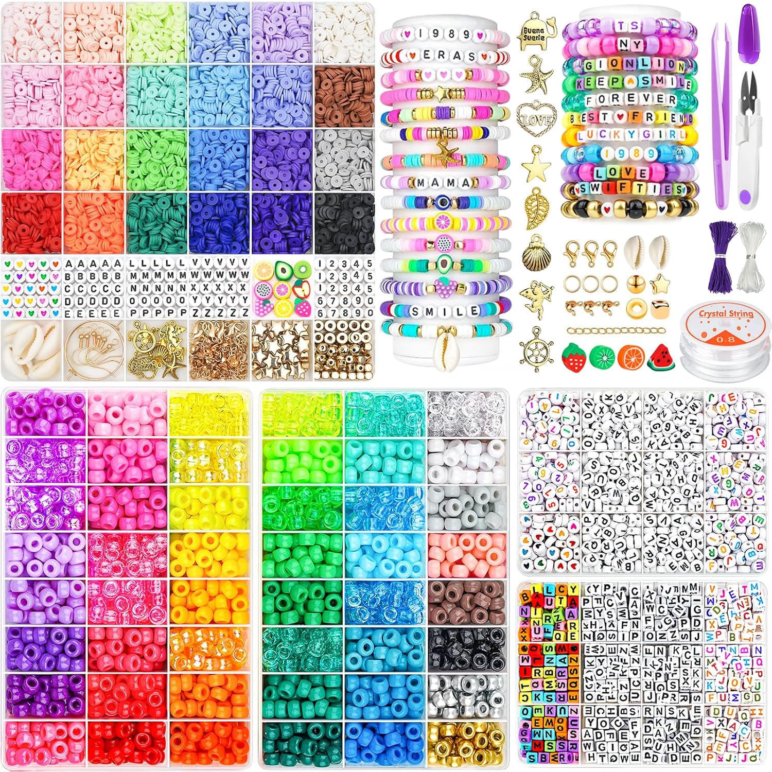 6000 Pcs Clay Beads Bracelet Making Kit Flat Preppy Beads for Friendship Jewelry Making Polymer Heishi Beads with Charms Gifts for Teen Girls Crafts for Girls Ages 8-12