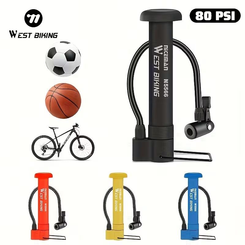 WEST BIKING Manual Portable Hand Pump - Heavy-Duty Bike & Motorcycle Tire Inflator, 80PSI High- Ball Pump Suitable for, Scooters, Ball Pumps - Compact (Ideal for Travel)