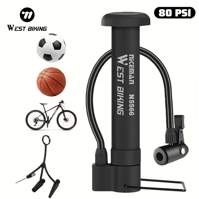 WEST BIKING Manual Portable Hand Pump - Heavy-Duty Bike & Motorcycle Tire Inflator, 80PSI High- Ball Pump Suitable for, Scooters, Ball Pumps - Compact (Ideal for Travel)