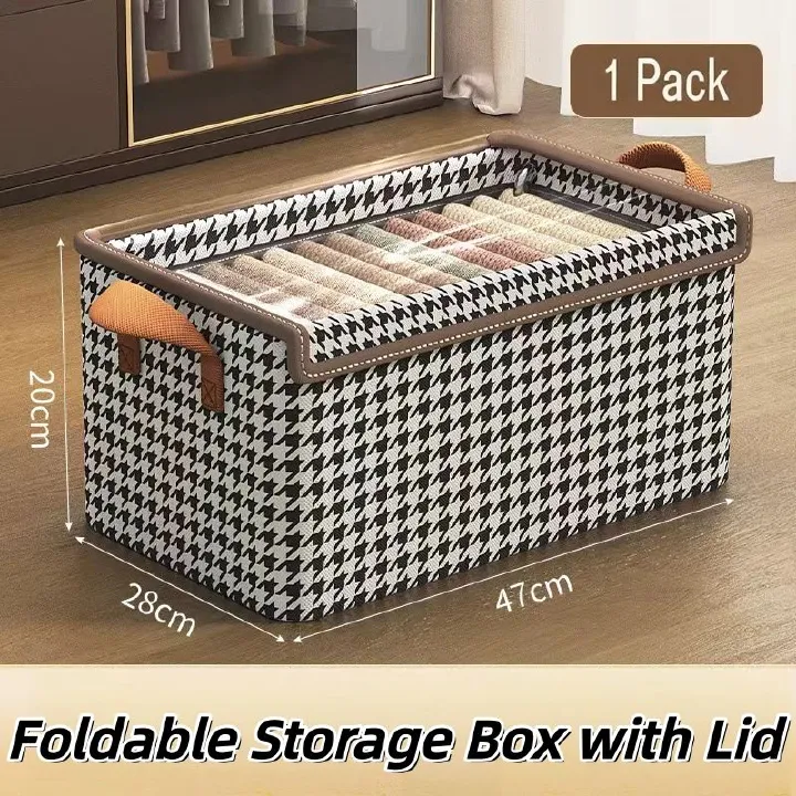 Foldable Storage Box with Lid - Extra Large Fabric Closet Organizer for Clothes, 47x28x20cm Canvas Bin, Collapsible Design for Bedroom, Shelf, Closet, Underbed (Black & White)