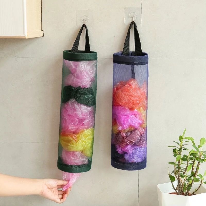 Kitchen Hanging Mesh Bag Organizer for Grocery and Garbage Bags - Space-Saving Storage with Durable Mesh
