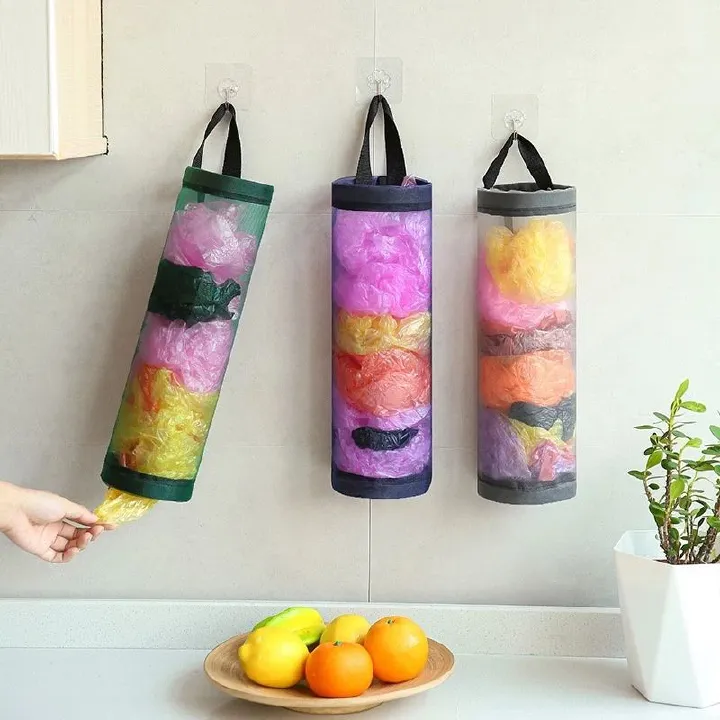 Kitchen Hanging Mesh Bag Organizer for Grocery and Garbage Bags - Space-Saving Storage with Durable Mesh