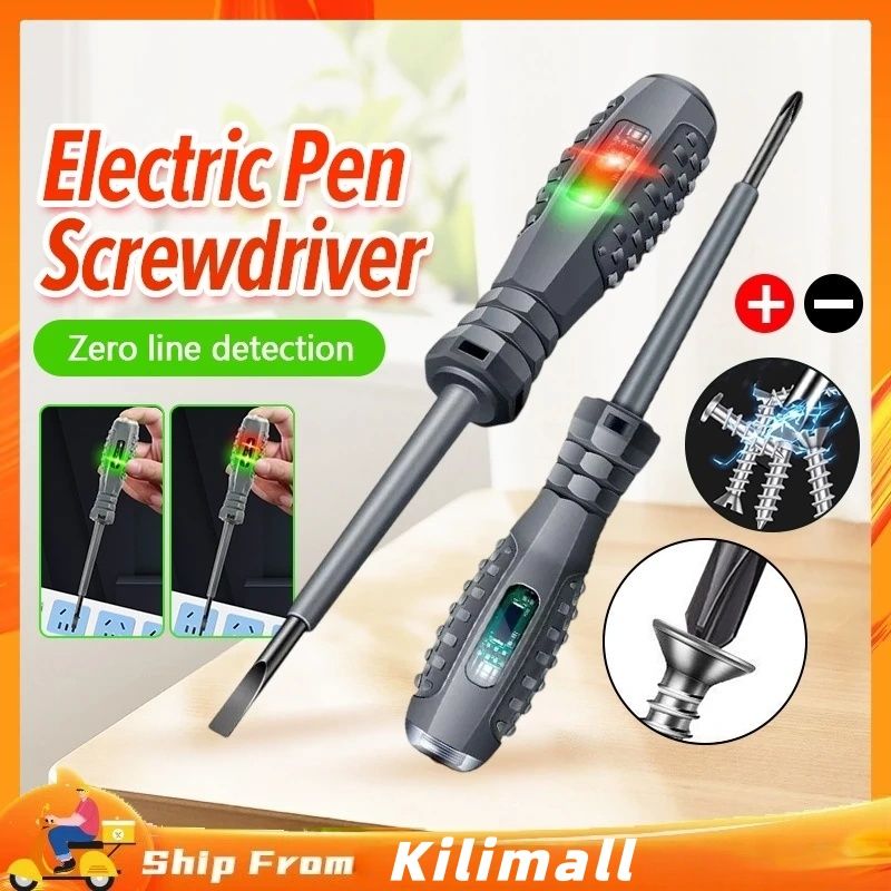 2-in-1 High Torque Strong Magnetic Screwdriver Electricity Detector Voltage Tester Pen Dual Light Color 12V-240V Non-Contact Voltage Detector Cross Flat Screwdriver for Ac/Dc Voltage (Flat Head)