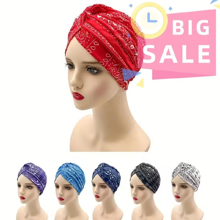【Clearance Sale】Stylish Paisley Print Boho Turban Hats - Solid Color, Pleated & Adjustable - Perfect Head Wraps for Ramadan, Chemo Care, & Fashion-forward Women