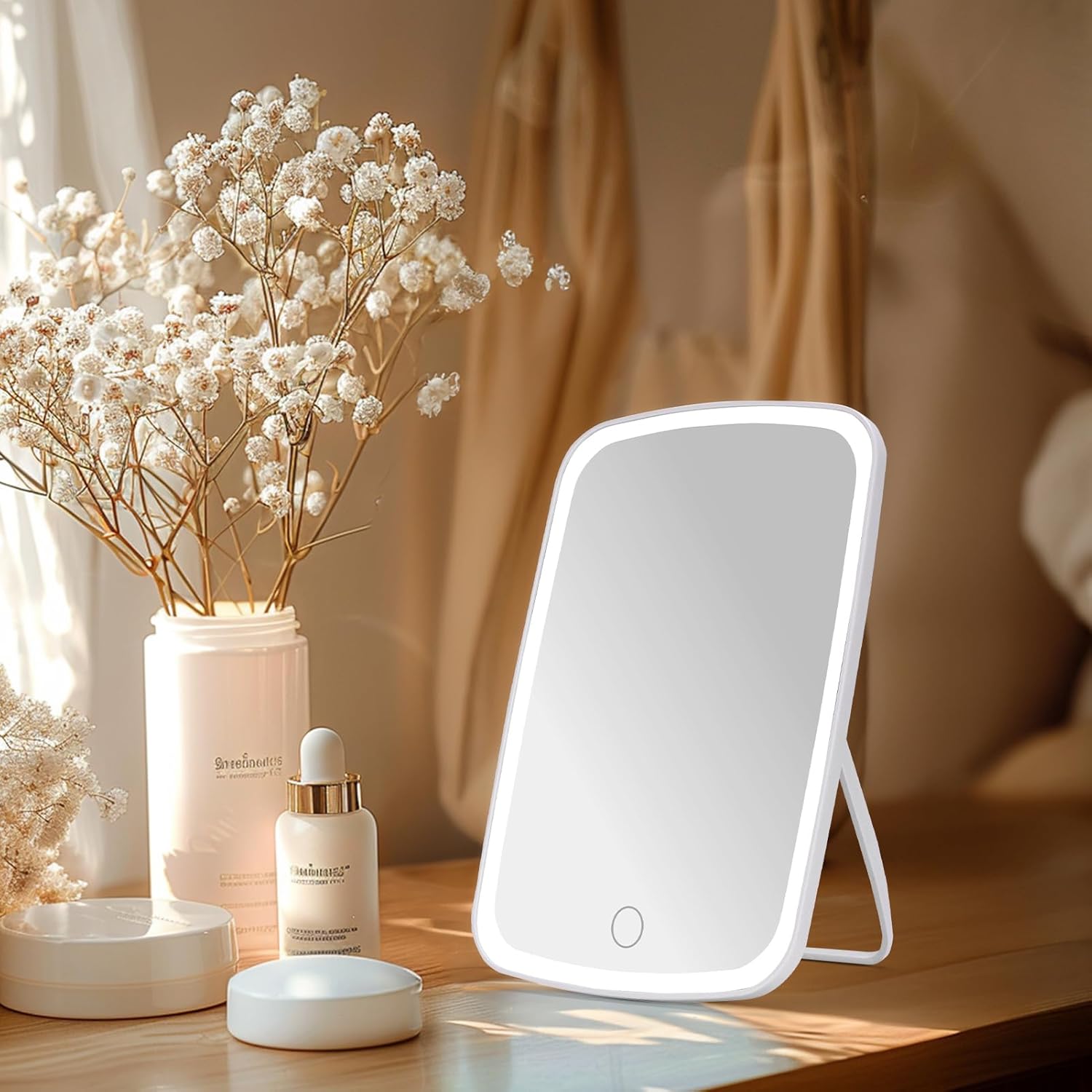 LED Makeup Mirror with Touch Sensor, Pocket Mirror, Travel Vanity Mirror in 3 Lighting Modes - White, Daylight and Warm Light, Adjustable Brightness, Portable Folding Desktop Cosmetic Mirror with USB