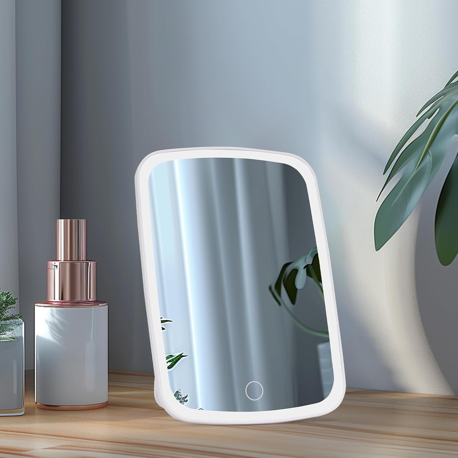 LED Makeup Mirror with Touch Sensor, Pocket Mirror, Travel Vanity Mirror in 3 Lighting Modes - White, Daylight and Warm Light, Adjustable Brightness, Portable Folding Desktop Cosmetic Mirror with USB