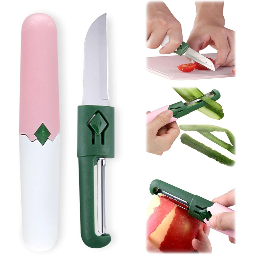 【Clearance Sale】2 in 1 Paring Peeler Knife Multifunctional Stainless Steel Peeler,Creative Fruit and Vegetable Dual-Use Peeler Knife, Outdoor Portable Safety Cover Peeling Fruit Peeler