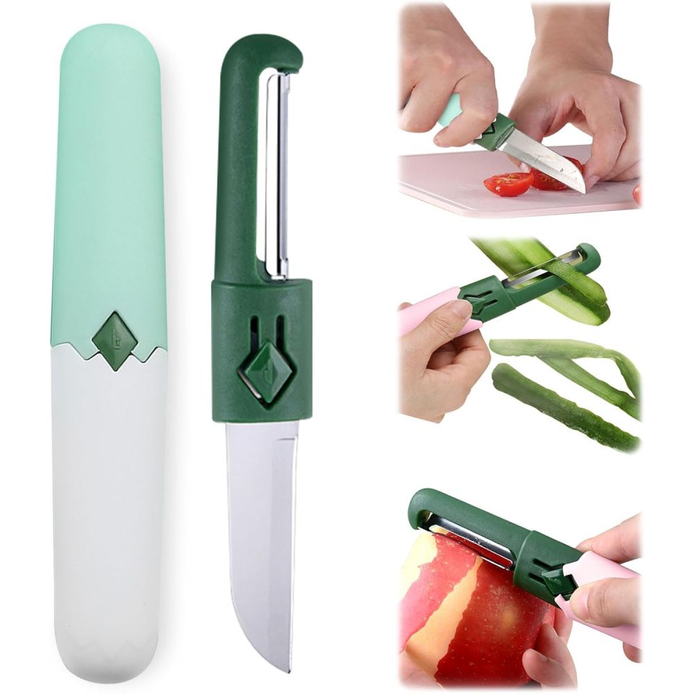 【Clearance Sale】2 in 1 Paring Peeler Knife Multifunctional Stainless Steel Peeler,Creative Fruit and Vegetable Dual-Use Peeler Knife, Outdoor Portable Safety Cover Peeling Fruit Peeler