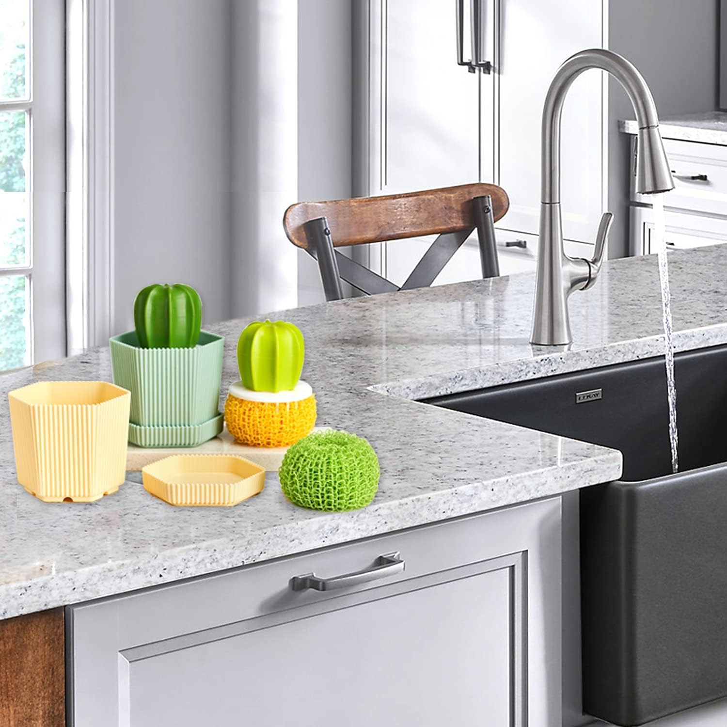 【Clearance Sale】Dish Scrub Brush, Ergonomic Grip Brush Dish Scrubber with Flowerpot Shape Draining Holder, Kitchen Cleaning Scrub Brushes for Scrubbing and Washing Dishes