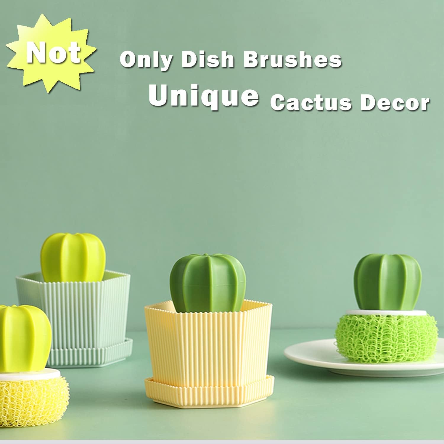 【Clearance Sale】Dish Scrub Brush, Ergonomic Grip Brush Dish Scrubber with Flowerpot Shape Draining Holder, Kitchen Cleaning Scrub Brushes for Scrubbing and Washing Dishes