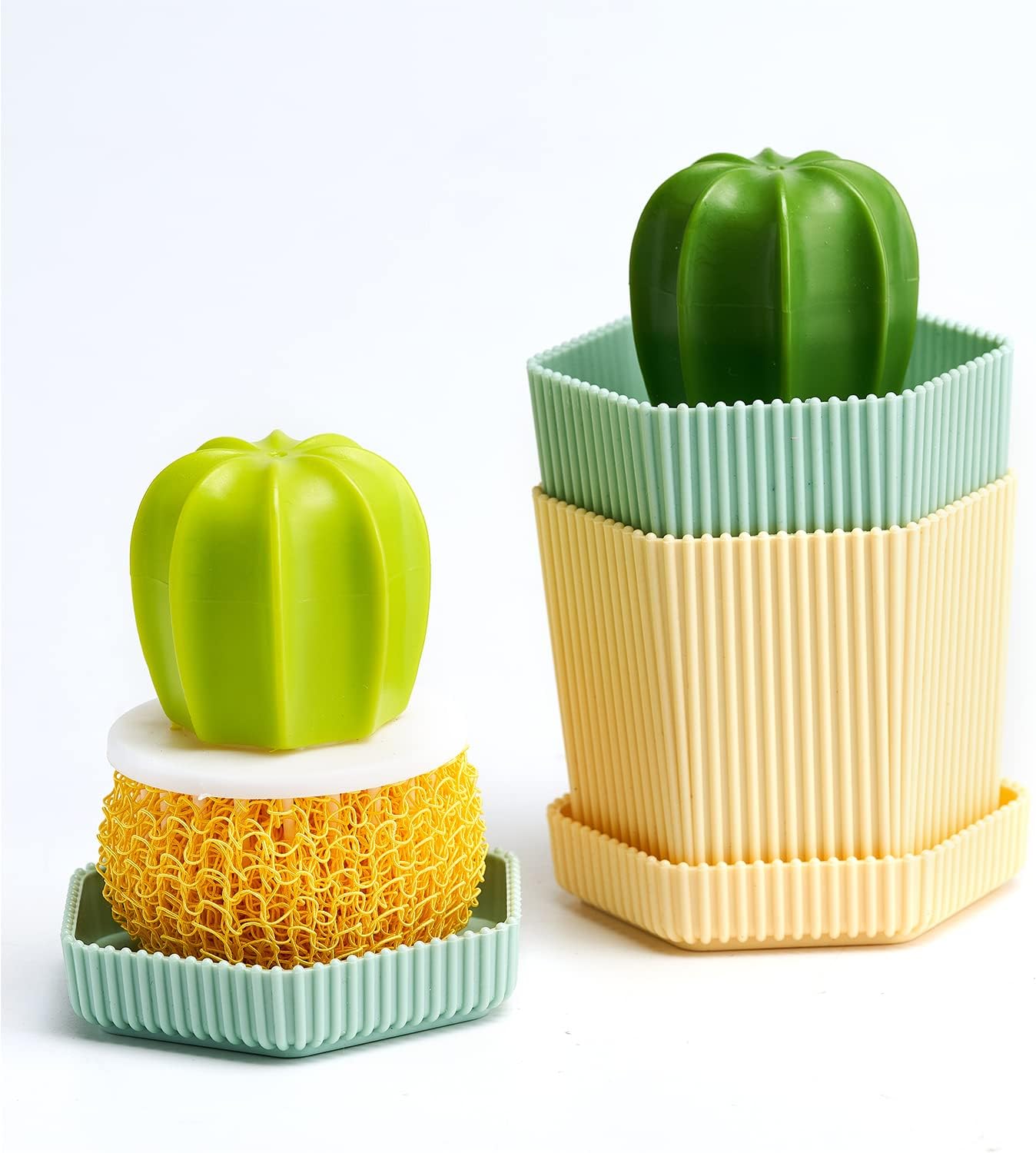 【Clearance Sale】Dish Scrub Brush, Ergonomic Grip Brush Dish Scrubber with Flowerpot Shape Draining Holder, Kitchen Cleaning Scrub Brushes for Scrubbing and Washing Dishes
