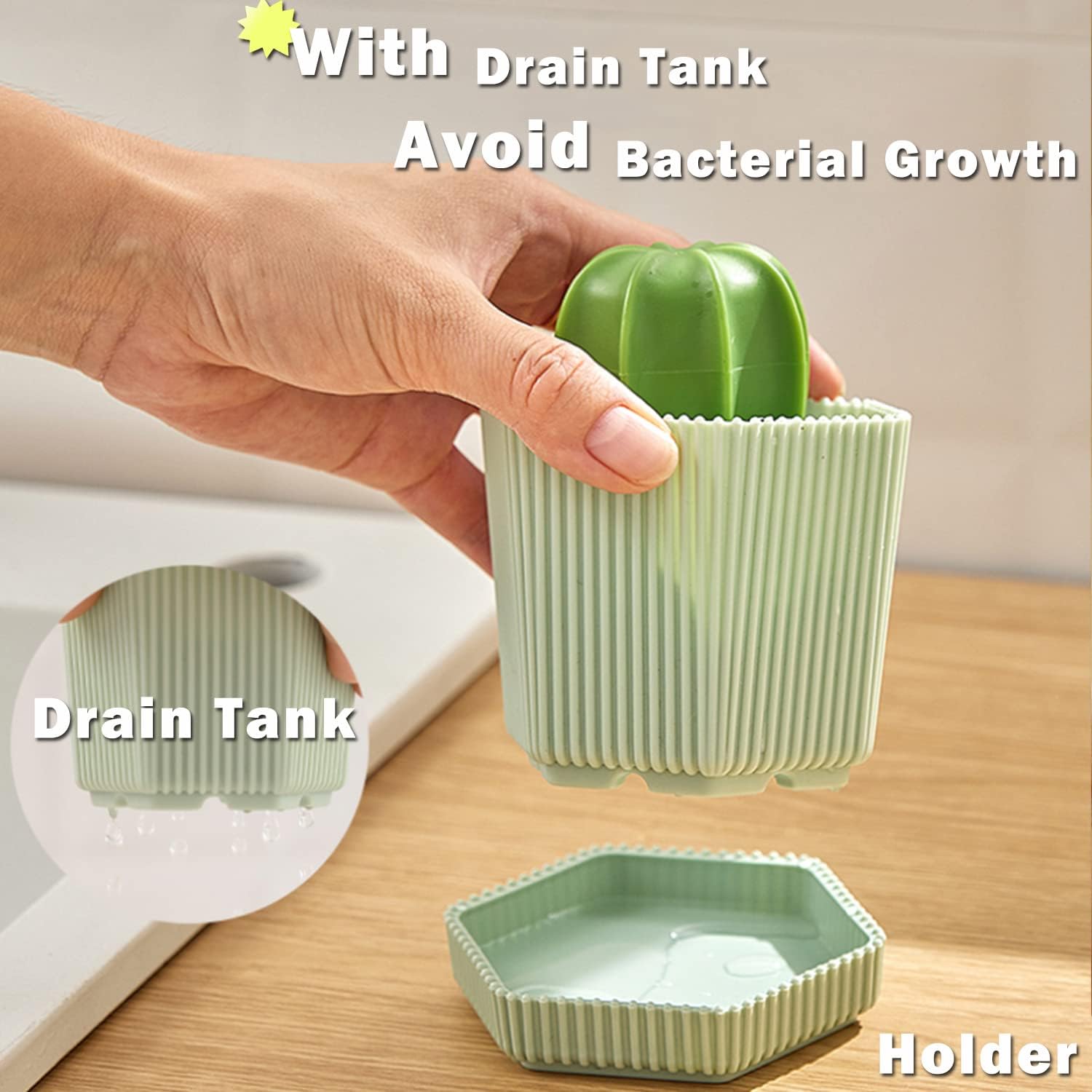 【Clearance Sale】Dish Scrub Brush, Ergonomic Grip Brush Dish Scrubber with Flowerpot Shape Draining Holder, Kitchen Cleaning Scrub Brushes for Scrubbing and Washing Dishes
