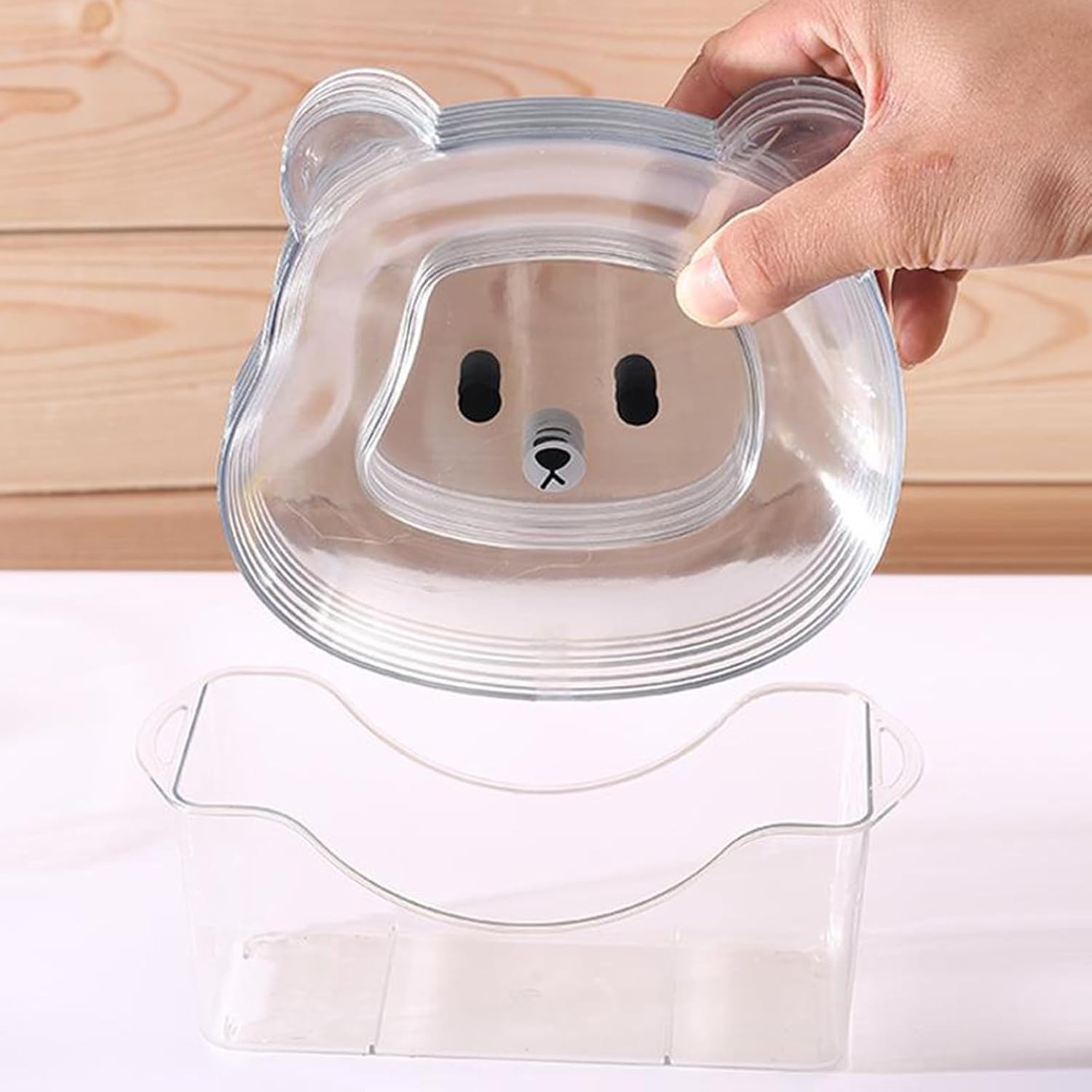 Food Grade 8Pcs Plate with Stand Cartoon Bear Shape Reusable Plastic Plate Multi-function Creative Spit Bone Dish Household Dish Elliptical Plate Set Dining Table Garbage Platel