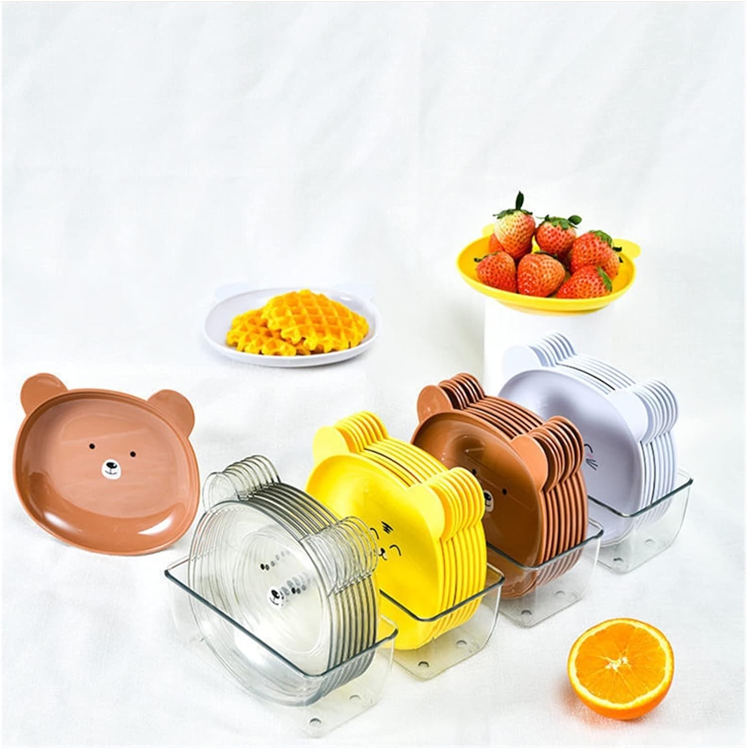 Food Grade 8Pcs Plate with Stand Cartoon Bear Shape Reusable Plastic Plate Multi-function Creative Spit Bone Dish Household Dish Elliptical Plate Set Dining Table Garbage Platel