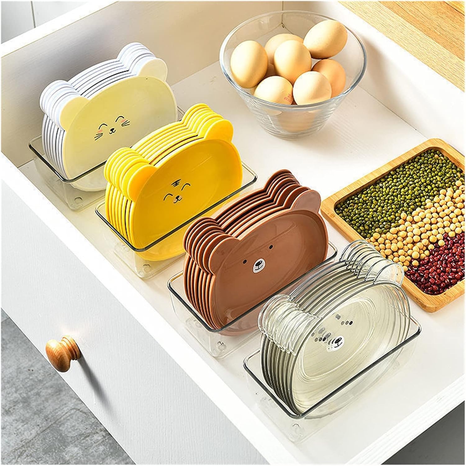 Food Grade 8Pcs Plate with Stand Cartoon Bear Shape Reusable Plastic Plate Multi-function Creative Spit Bone Dish Household Dish Elliptical Plate Set Dining Table Garbage Platel