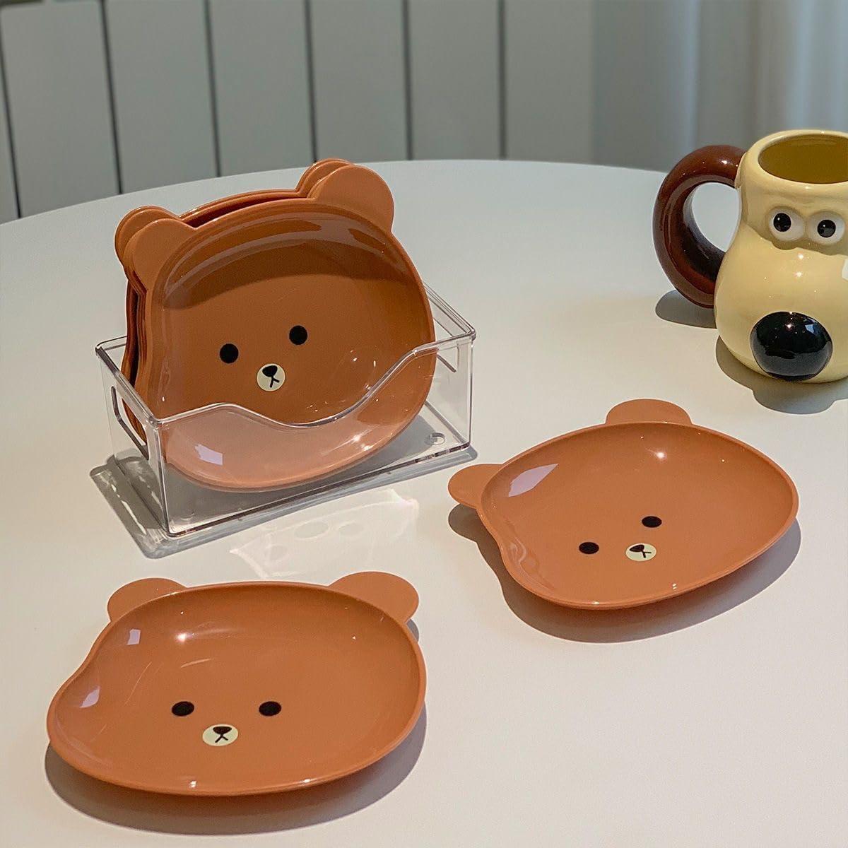 Food Grade 8Pcs Plate with Stand Cartoon Bear Shape Reusable Plastic Plate Multi-function Creative Spit Bone Dish Household Dish Elliptical Plate Set Dining Table Garbage Platel