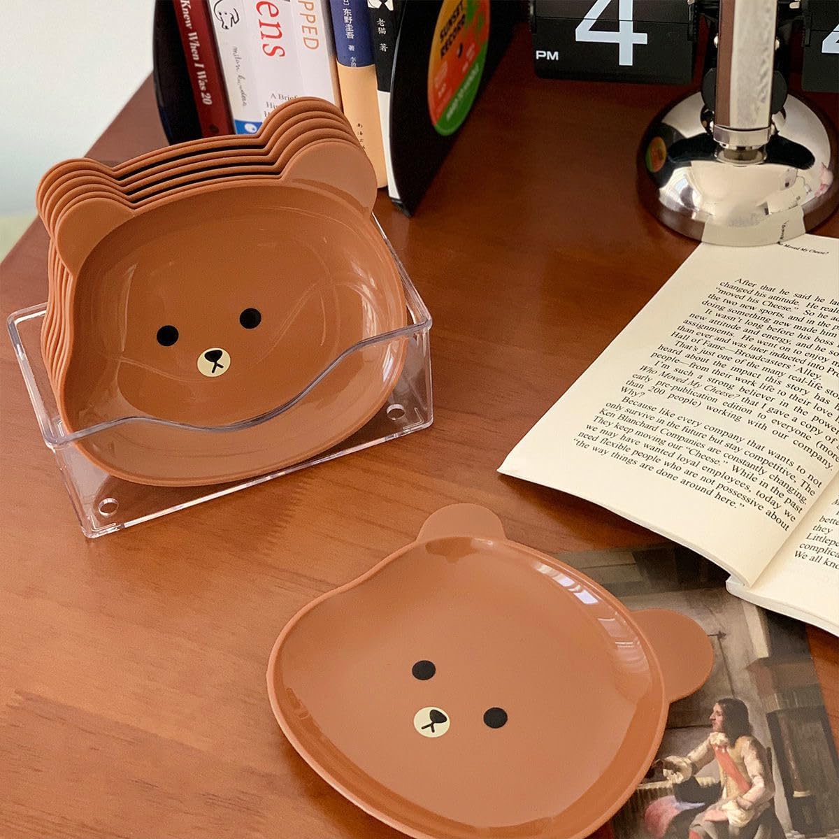Food Grade 8Pcs Plate with Stand Cartoon Bear Shape Reusable Plastic Plate Multi-function Creative Spit Bone Dish Household Dish Elliptical Plate Set Dining Table Garbage Platel