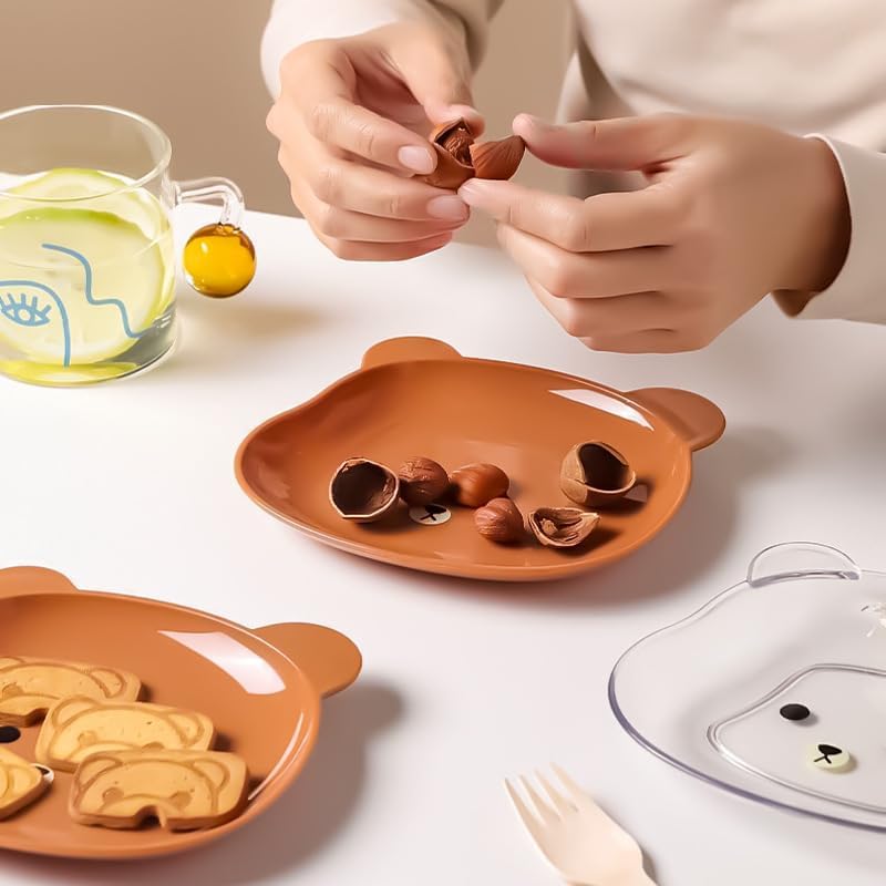 Food Grade 8Pcs Plate with Stand Cartoon Bear Shape Reusable Plastic Plate Multi-function Creative Spit Bone Dish Household Dish Elliptical Plate Set Dining Table Garbage Platel