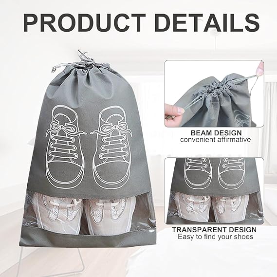【Clearance Sale】Shoe Bags for Travel – 10 Pack Waterproof Drawstring Shoe Organizer with Clear Window – Dustproof, Reusable Storage Pouches for Men & Women – Black or Grey