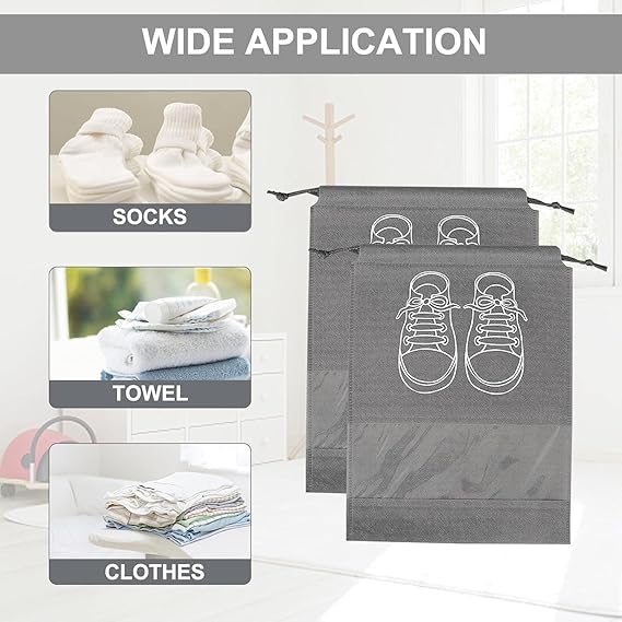 【Clearance Sale】Shoe Bags for Travel – 10 Pack Waterproof Drawstring Shoe Organizer with Clear Window – Dustproof, Reusable Storage Pouches for Men & Women – Black or Grey