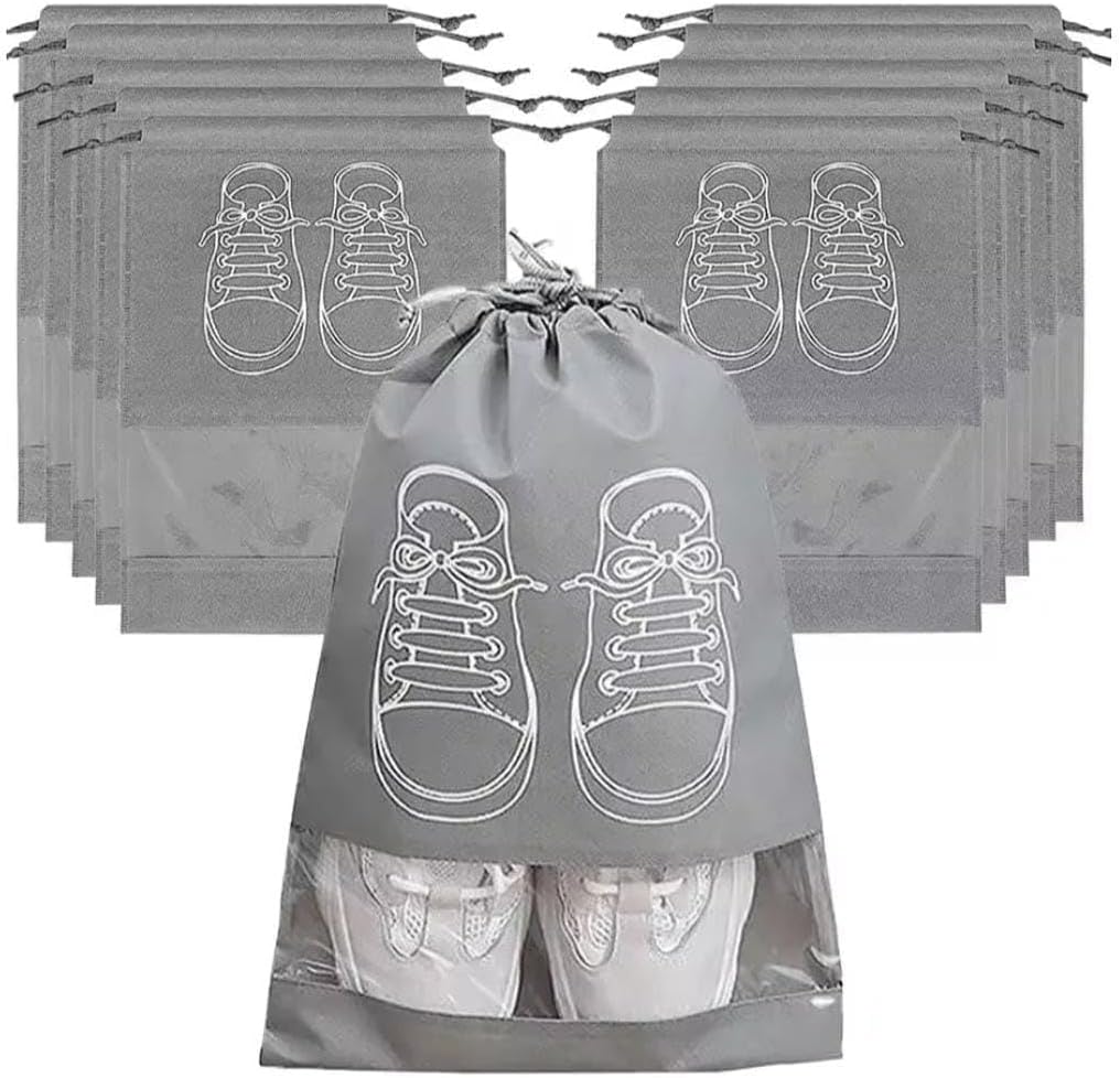 【Clearance Sale】Shoe Bags for Travel – 10 Pack Waterproof Drawstring Shoe Organizer with Clear Window – Dustproof, Reusable Storage Pouches for Men & Women – Black or Grey