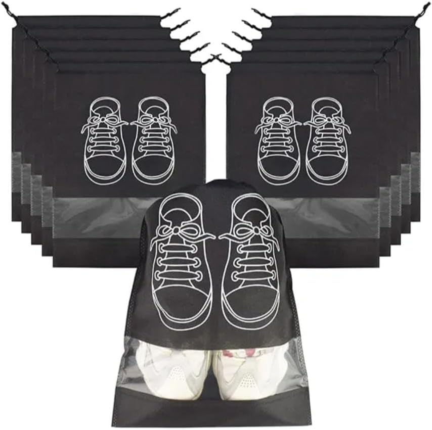 【Clearance Sale】Shoe Bags for Travel – 10 Pack Waterproof Drawstring Shoe Organizer with Clear Window – Dustproof, Reusable Storage Pouches for Men & Women – Black or Grey