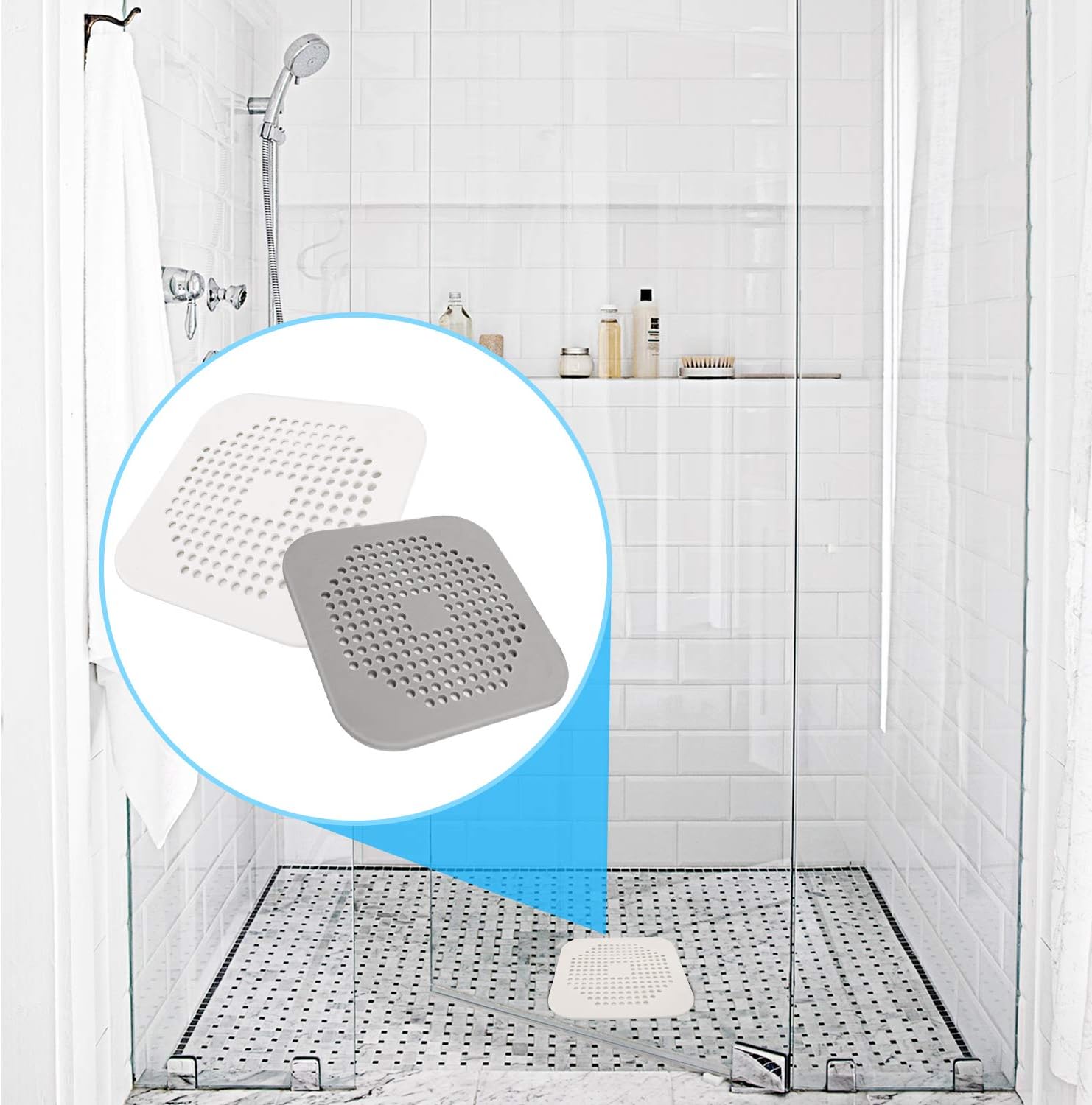 Square Drain Cover for Shower 5.7-inch TPR Drain Hair Catcher Flat Silicone Plug for Bathroom and Kitchen Filter Shower Drain Protection Flat Strainer Stopper with Suction Cups 1 Pack
