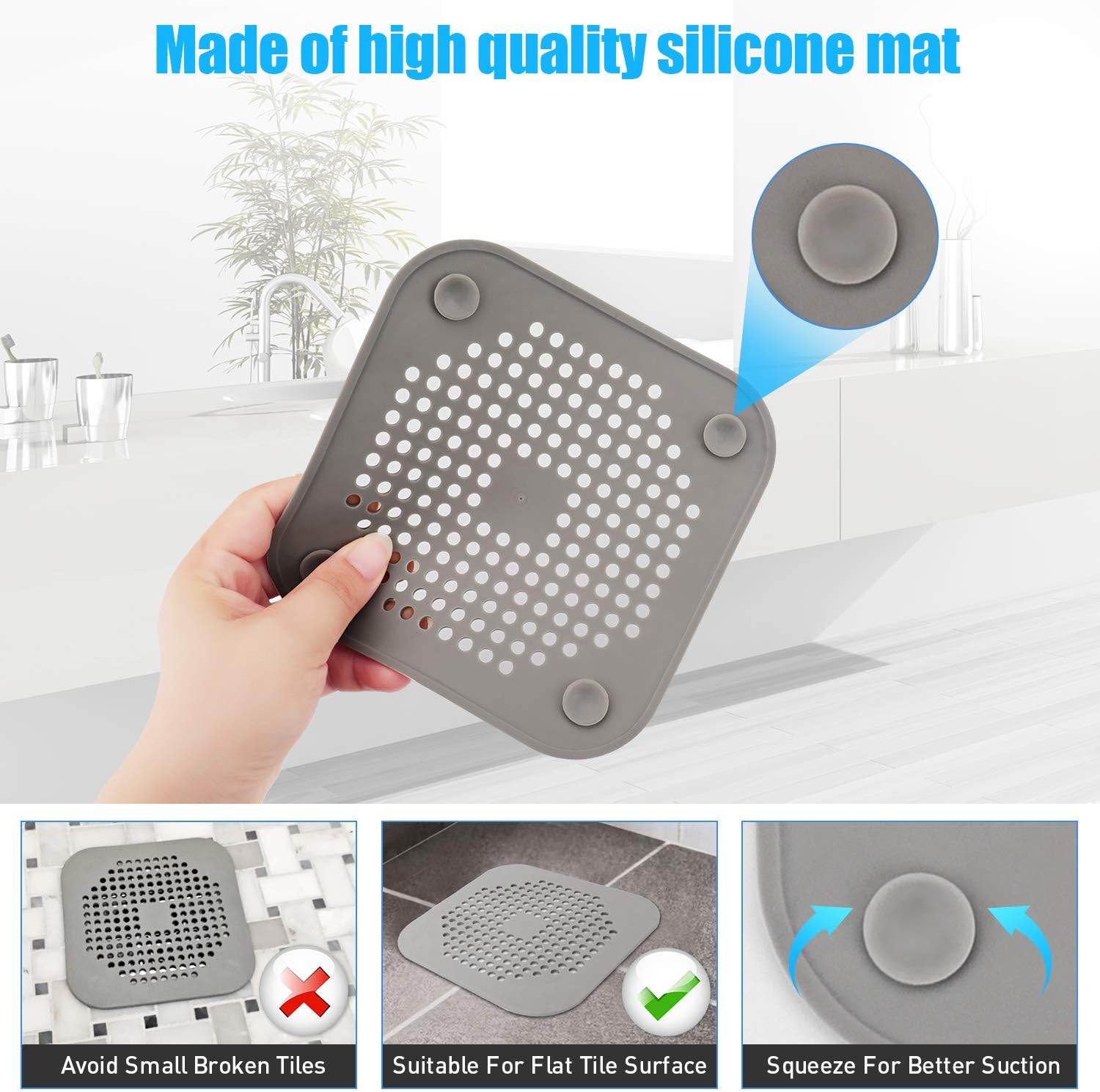 Square Drain Cover for Shower 5.7-inch TPR Drain Hair Catcher Flat Silicone Plug for Bathroom and Kitchen Filter Shower Drain Protection Flat Strainer Stopper with Suction Cups 1 Pack