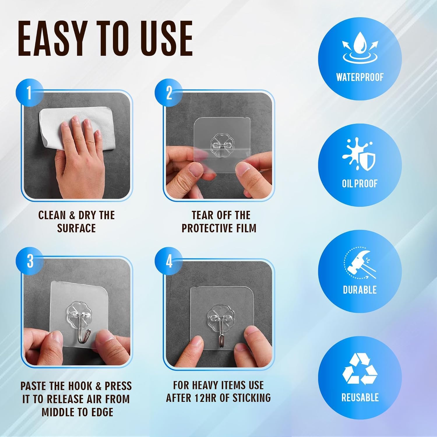 【Clearance Sale】50 Packs Adhesive Hooks, Heavy Duty 22lb(Max) Wall Hooks for Hanging Key Cup Hat Coat Holder, Transparent Waterproof Sticky Hooks Wall Hangers for Kitchen Bathroom