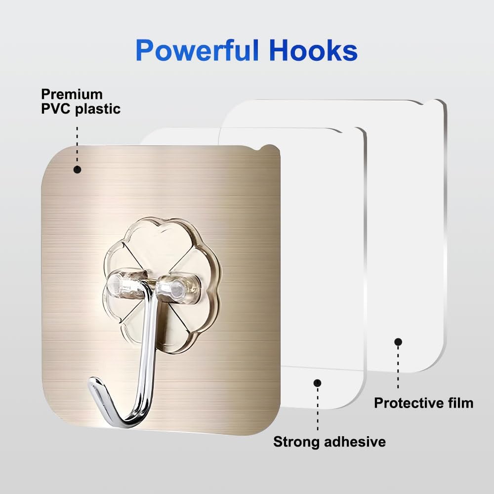 【Clearance Sale】50 Packs Adhesive Hooks, Heavy Duty 22lb(Max) Wall Hooks for Hanging Key Cup Hat Coat Holder, Transparent Waterproof Sticky Hooks Wall Hangers for Kitchen Bathroom