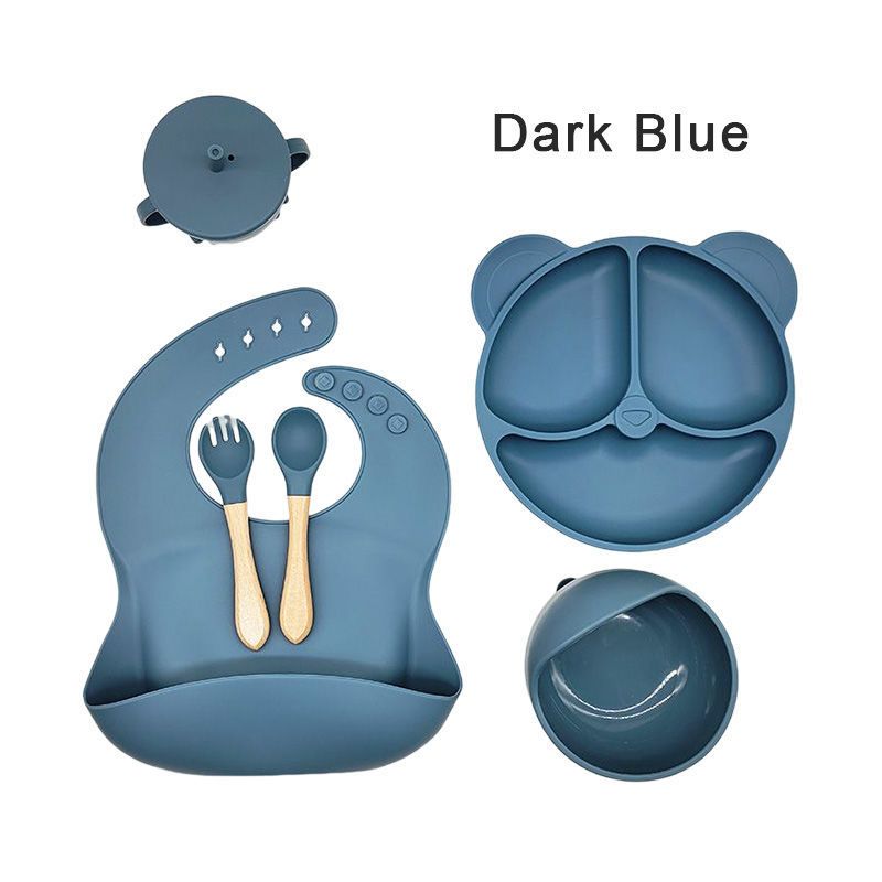 6Pcs Silicone Baby Feeding Set,Soft Baby Weaning Supplies Cute Self Feeding Eating Utensils Set Dishwasher Safe for Baby,Dark Blue