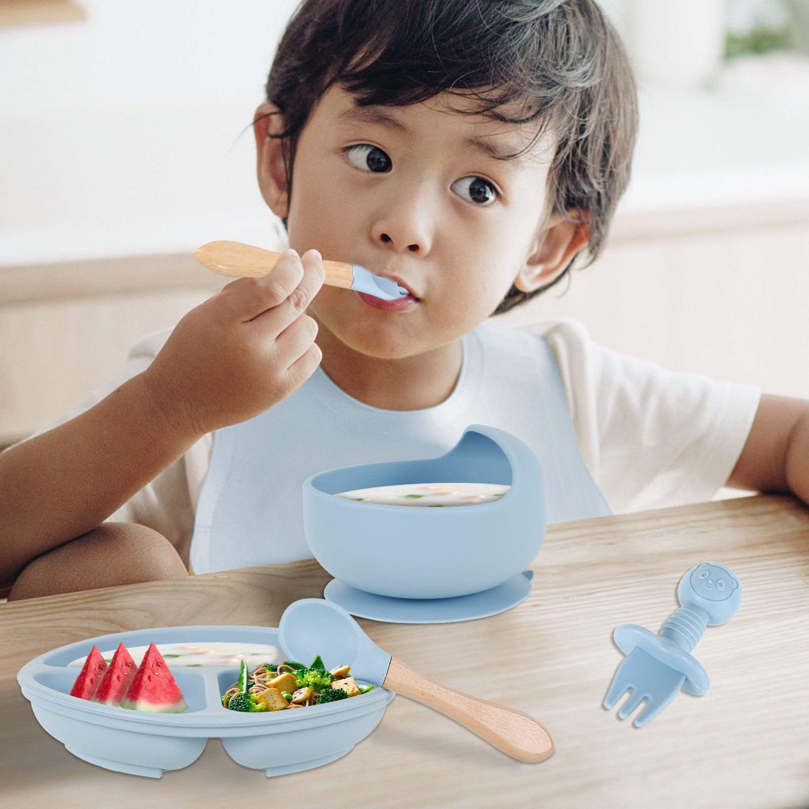 6Pcs Silicone Baby Feeding Set,Soft Baby Weaning Supplies Cute Self Feeding Eating Utensils Set Dishwasher Safe for Baby,Dark Blue
