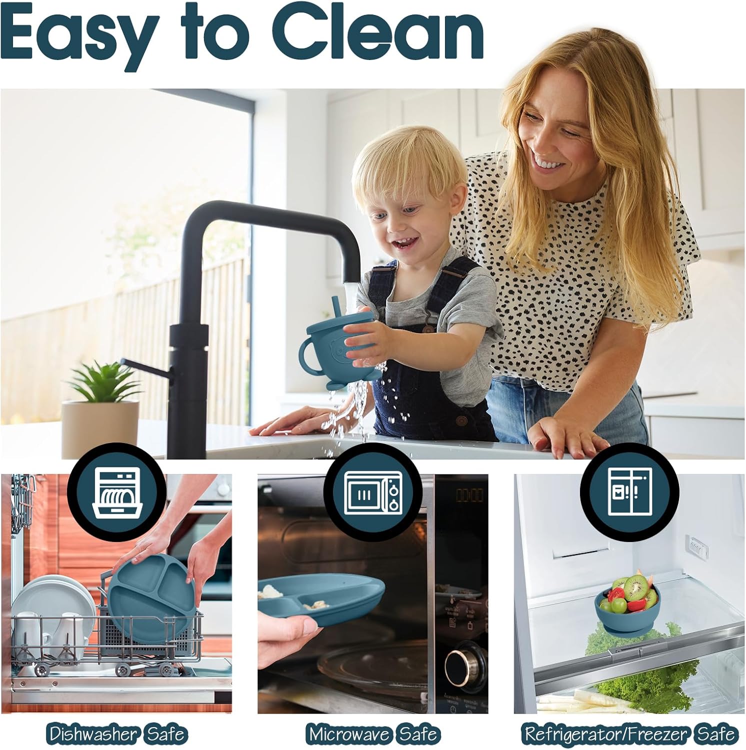 6Pcs Silicone Baby Feeding Set,Soft Baby Weaning Supplies Cute Self Feeding Eating Utensils Set Dishwasher Safe for Baby,Dark Blue