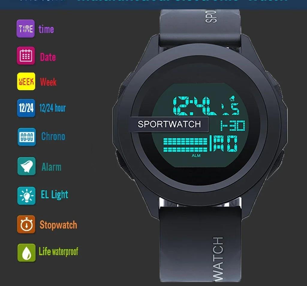 【Clearance Sale】Men's fashionable sports digital circular luminous leisure multi-functional rubber strap watch - 50m Water Resistance, Sports & Fashionable, for Outdoor Adventure & Decoration