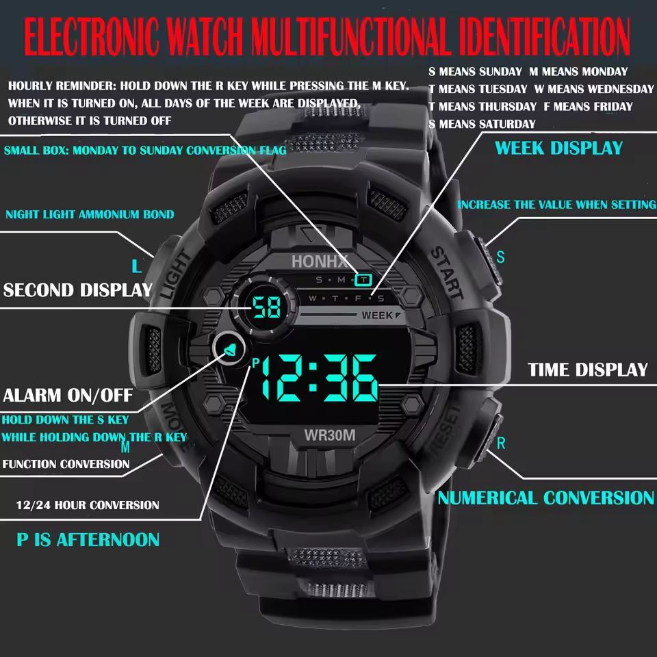 Bestselling Men's Sports Waterproof Multifunctional LED Digital Watch for Middle School Students, Men' port Waterproof Multi Functional Electronic tudent Watch Night Light Timing